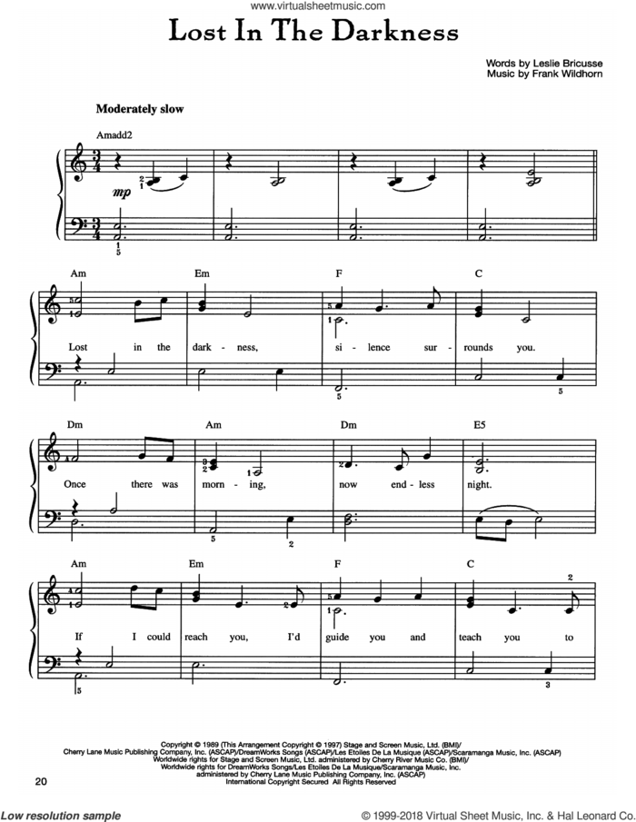 Lost In The Darkness sheet music for piano solo by Frank Wildhorn and Leslie Bricusse, easy skill level