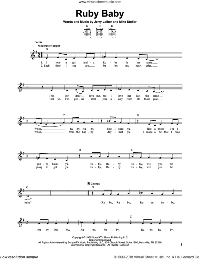 Ruby Baby sheet music for guitar solo (chords) by Dion, Billy 'Crash' Craddock, The Drifters, Jerry Leiber and Mike Stoller, easy guitar (chords)