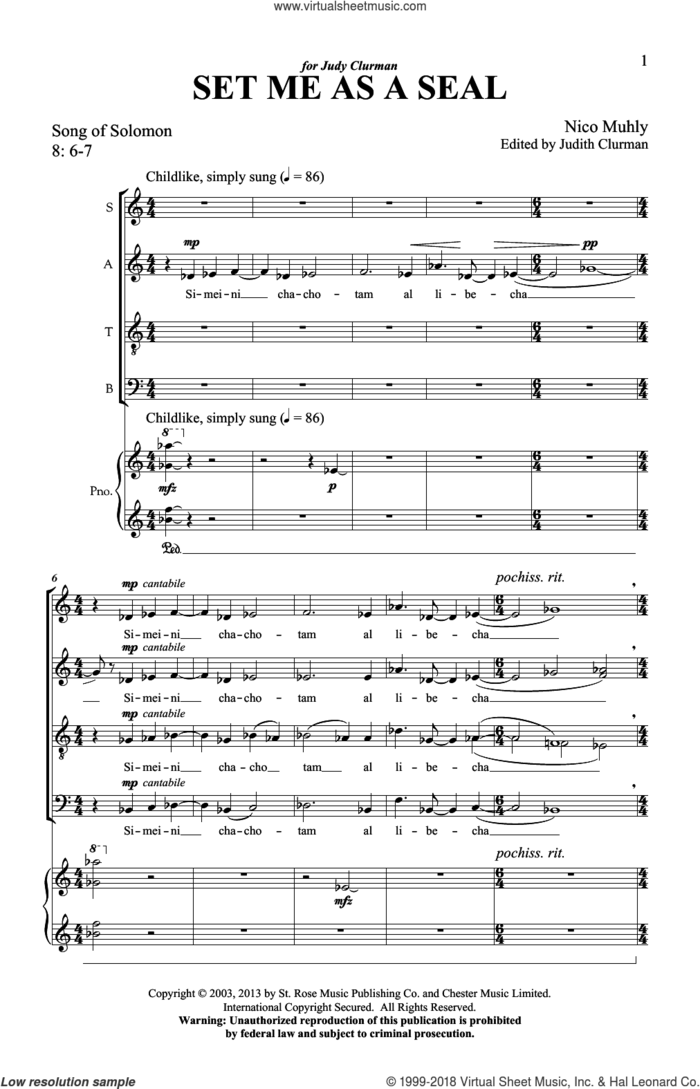 Set Me As A Seal sheet music for choir (SATB: soprano, alto, tenor, bass) by Nico Muhly, intermediate skill level