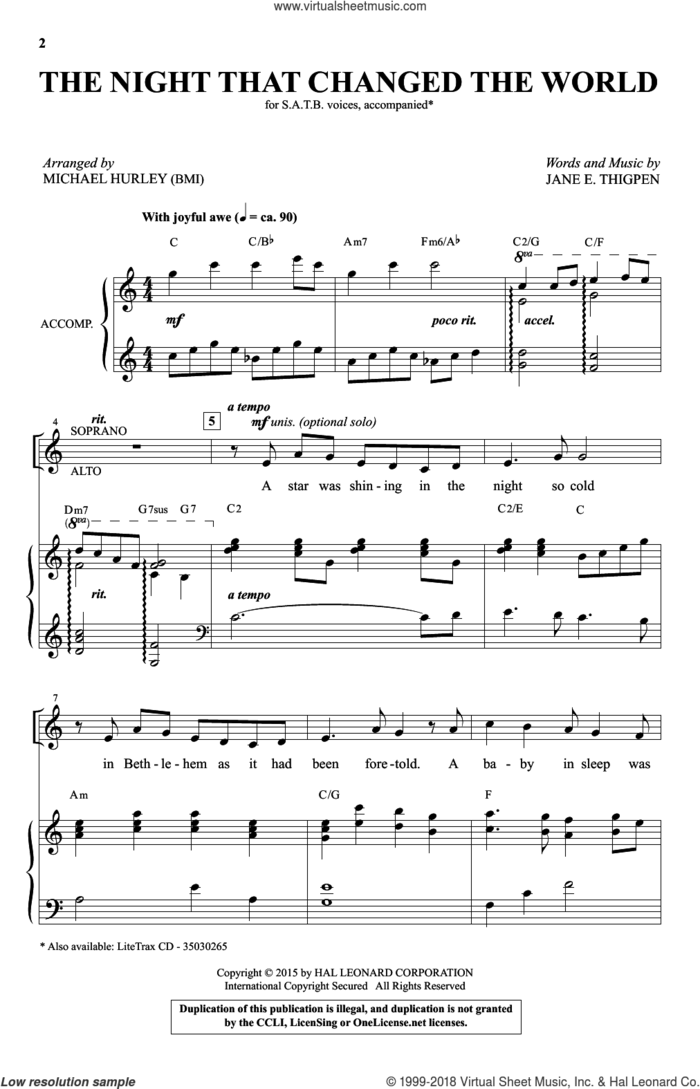 The Night That Changed The World sheet music for choir (SATB: soprano, alto, tenor, bass) by Michael Hurley, Jane E. Thigpen and Jane Thigpen, intermediate skill level