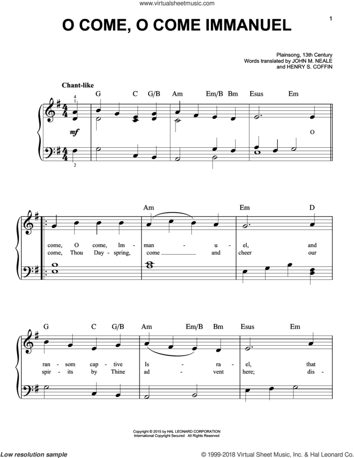O Come, O Come Immanuel, (beginner) sheet music for piano solo by John Mason Neale, Henry S. Coffin and Plainsong, 13th Century, beginner skill level