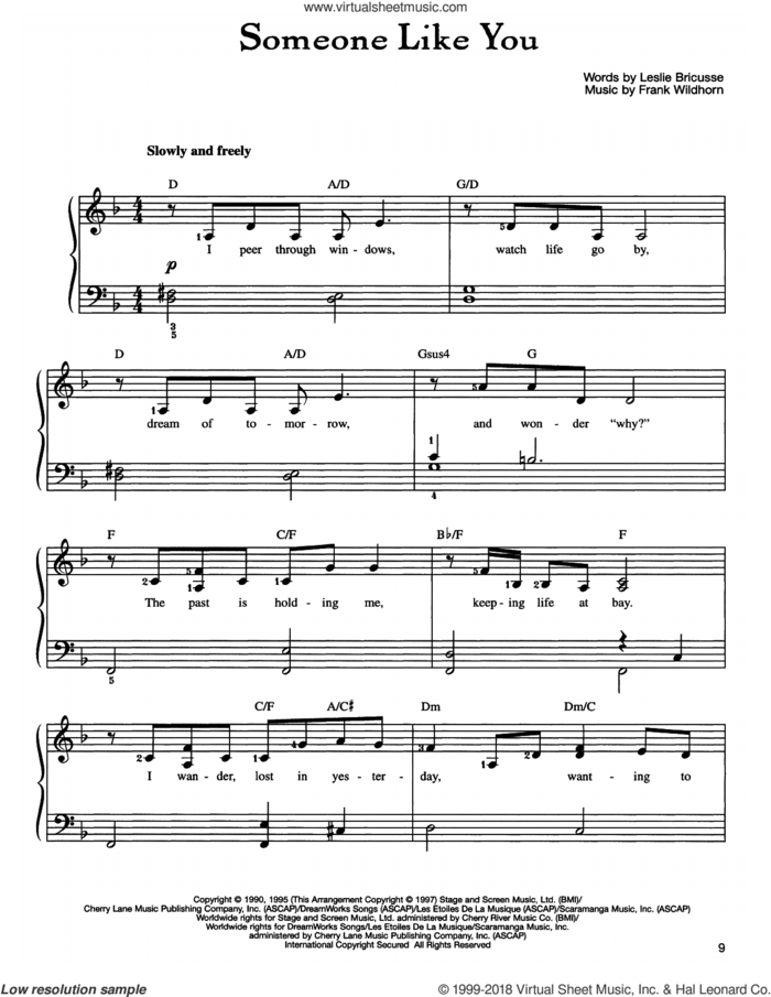 Someone Like You, (easy) sheet music for piano solo by Frank Wildhorn, Linda Eder and Leslie Bricusse, easy skill level