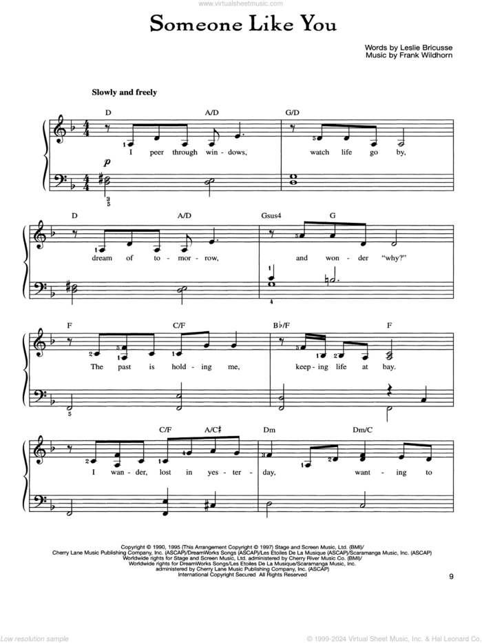 Someone Like You, (easy) sheet music for piano solo by Frank Wildhorn, Linda Eder and Leslie Bricusse, easy skill level