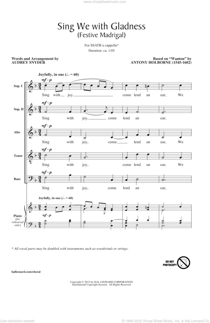 Sing We With Gladness (Festive Madrigal) sheet music for choir (SATB: soprano, alto, tenor, bass) by Audrey Snyder and Antony Holborne, intermediate skill level