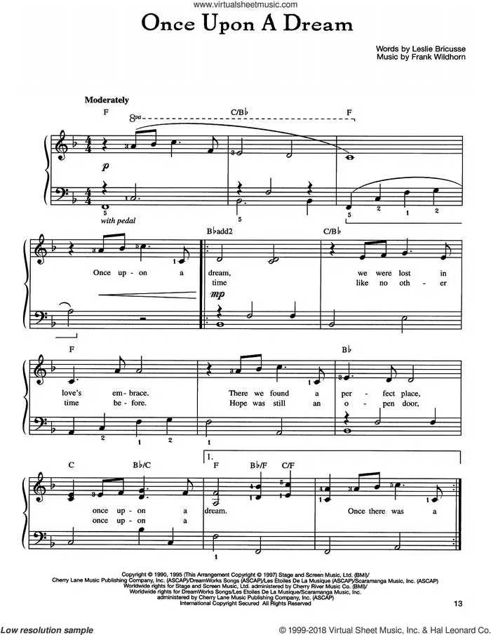 Once Upon A Dream sheet music for piano solo by Frank Wildhorn and Leslie Bricusse, easy skill level