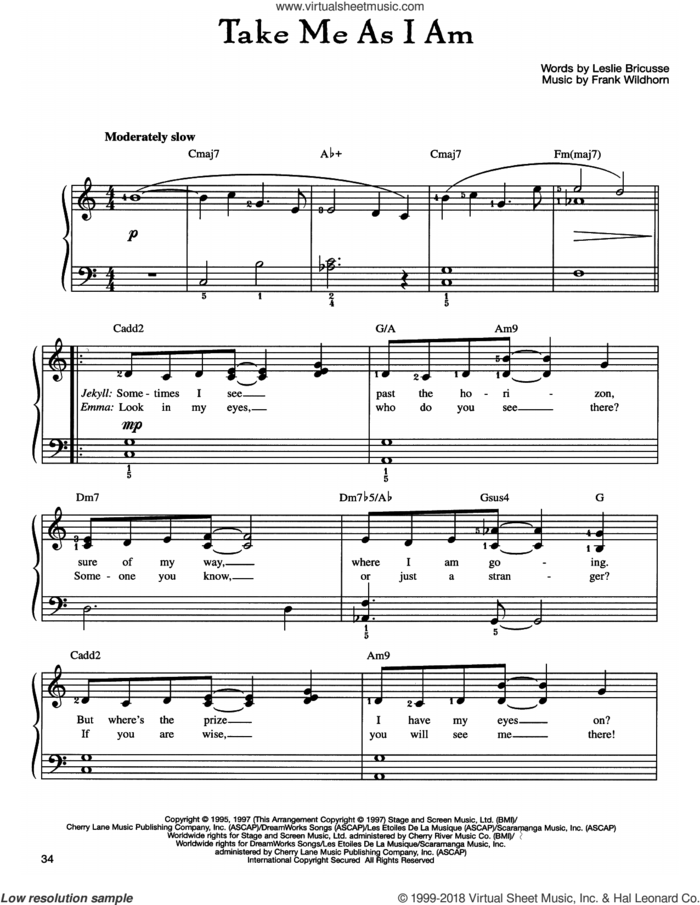 Take Me As I Am sheet music for piano solo by Frank Wildhorn and Leslie Bricusse, easy skill level
