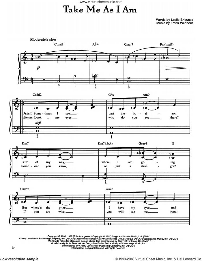 Take Me As I Am sheet music for piano solo by Frank Wildhorn and Leslie Bricusse, easy skill level