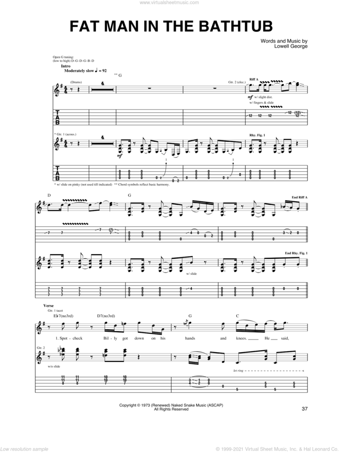 Fat Man In The Bathtub sheet music for guitar (tablature) by Little Feat and Lowell George, intermediate skill level