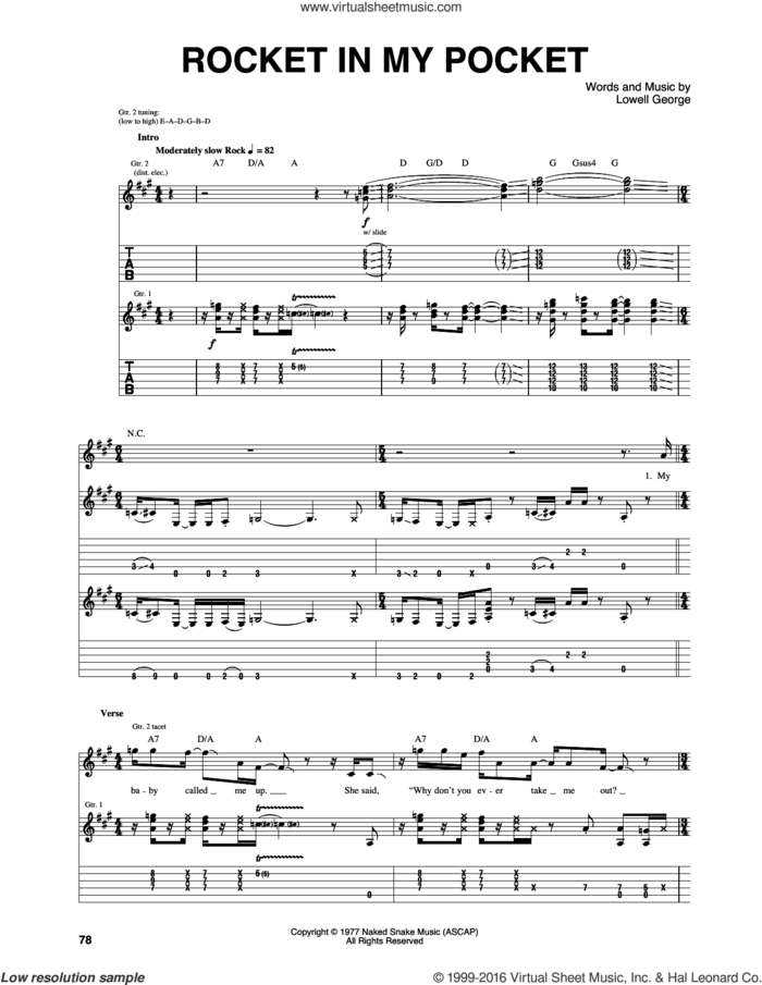 Rocket In My Pocket sheet music for guitar (tablature) by Little Feat and Lowell George, intermediate skill level