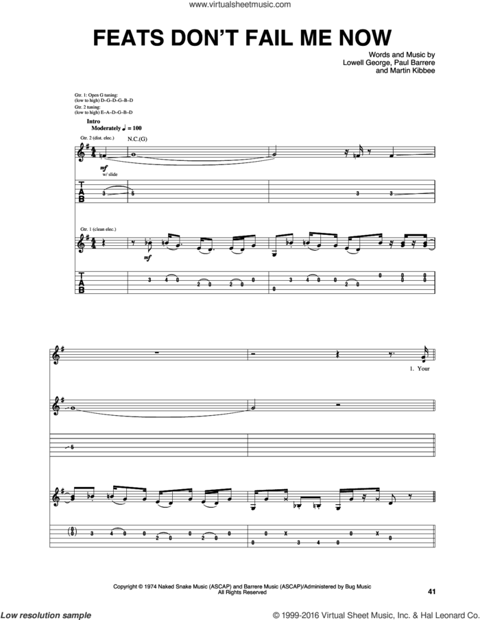 Feats Don't Fail Me Now sheet music for guitar (tablature) by Little Feat, Lowell George, Martin Kibbee and Paul Barrere, intermediate skill level