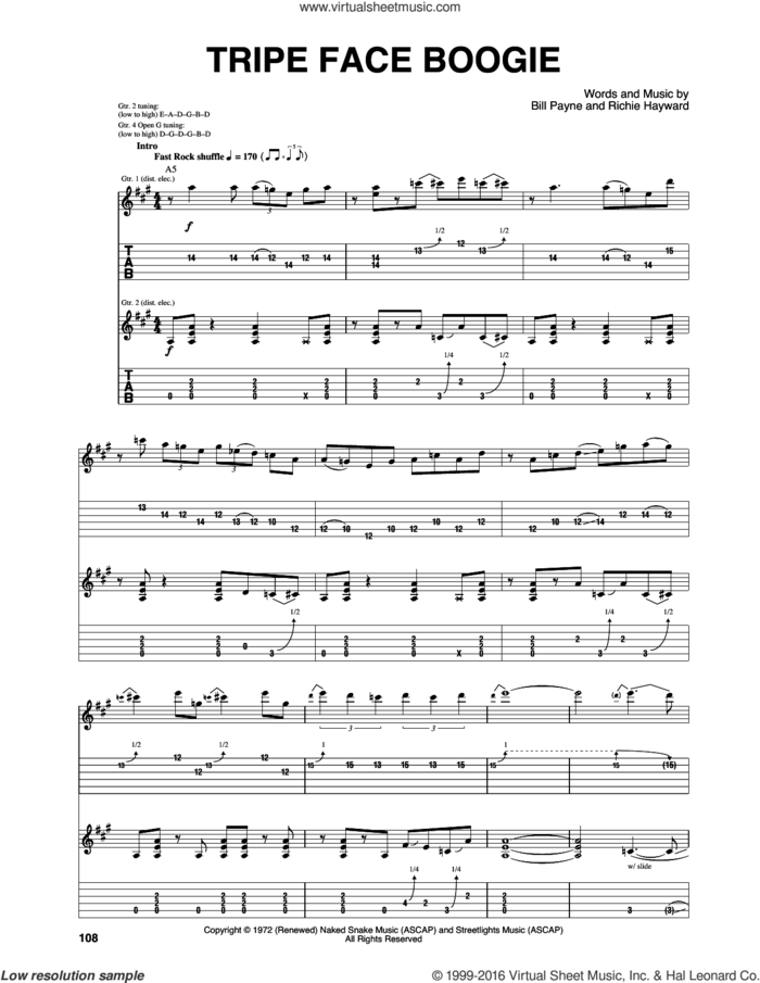 Tripe Face Boogie sheet music for guitar (tablature) by Little Feat, Bill Payne and Richie Hayward, intermediate skill level