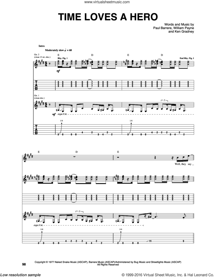 Time Loves A Hero sheet music for guitar (tablature) by Little Feat, Ken Gradney, Paul Barrere and William Payne, intermediate skill level