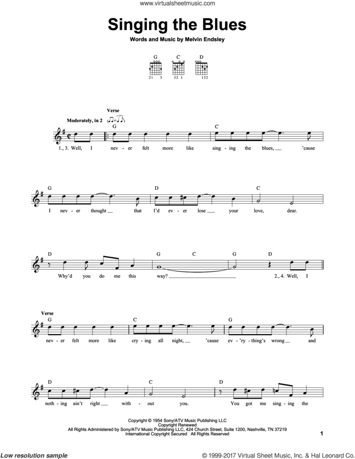 Singing The Blues sheet music for guitar solo (chords) by Marty Robbins, Guy Mitchell and Melvin Endsley, easy guitar (chords)