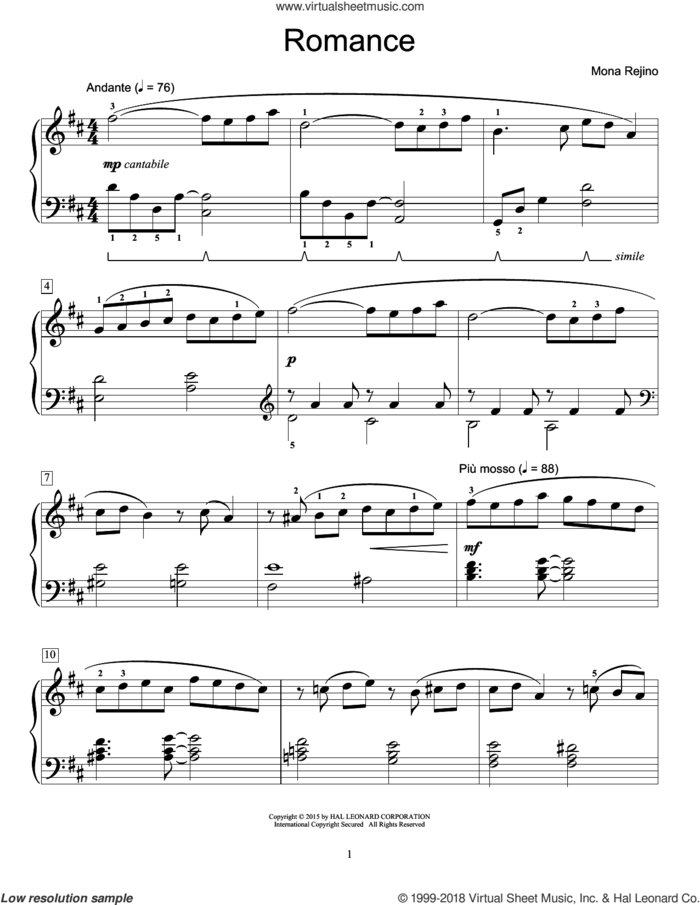 Romance sheet music for piano solo (elementary) by Mona Rejino, classical score, beginner piano (elementary)