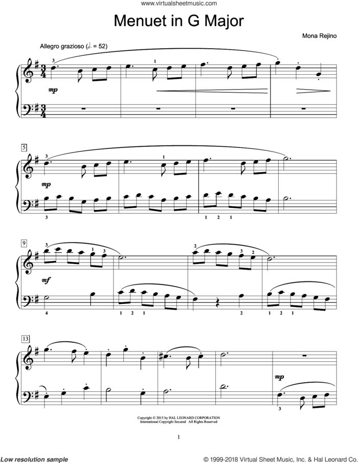 Menuet In G Major sheet music for piano solo (elementary) by Mona Rejino, classical score, beginner piano (elementary)