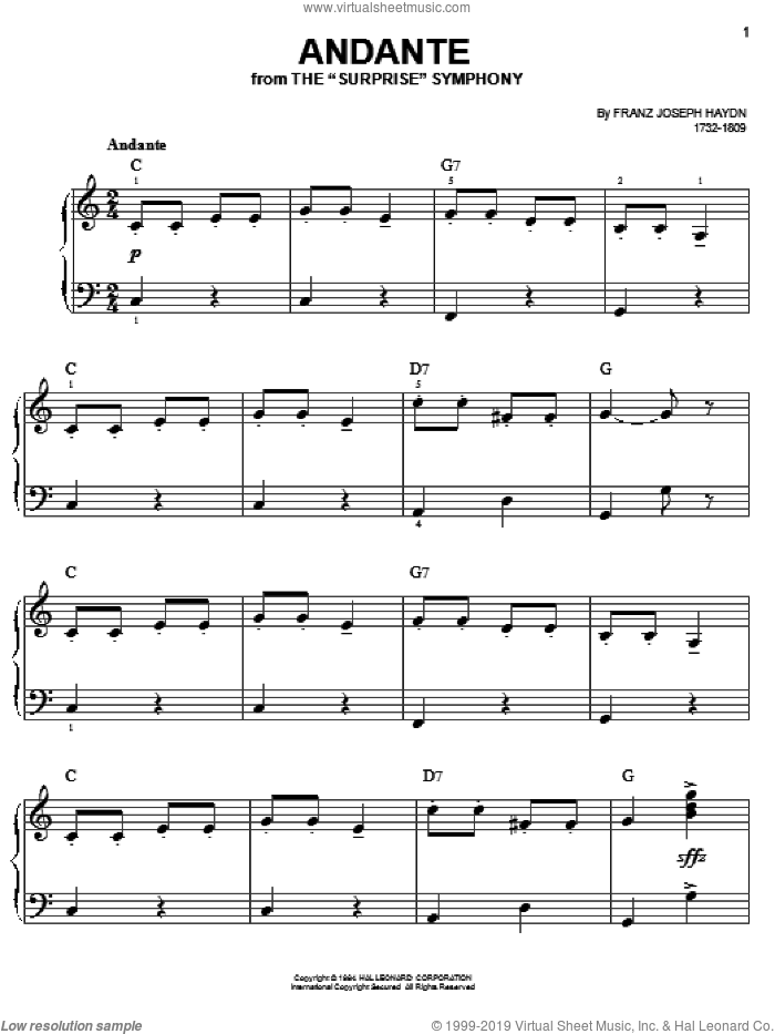 Andante sheet music for piano solo by Franz Joseph Haydn, classical score, easy skill level