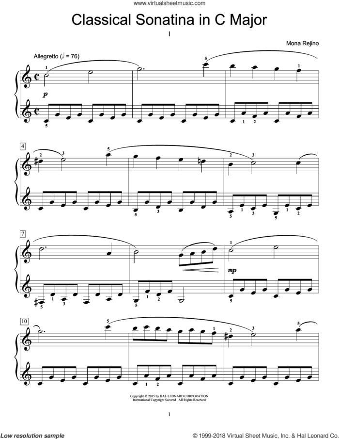 Classical Sonatina In C Major sheet music for piano solo (elementary) by Mona Rejino, classical score, beginner piano (elementary)