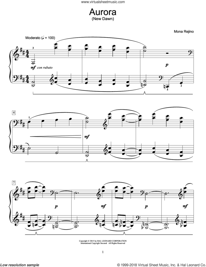 Aurora (New Dawn) sheet music for piano solo (elementary) by Mona Rejino, classical score, beginner piano (elementary)