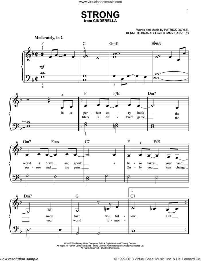Strong (from the Motion Picture Cinderella), (easy) sheet music for piano solo by Sonna, Sonna Rele, Kenneth Branagh, Patrick Doyle and Tommy Danvers, easy skill level