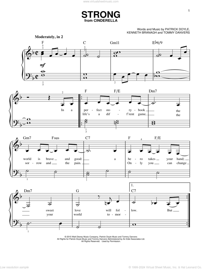 Strong (from the Motion Picture Cinderella), (easy) sheet music for piano solo by Sonna, Sonna Rele, Kenneth Branagh, Patrick Doyle and Tommy Danvers, easy skill level