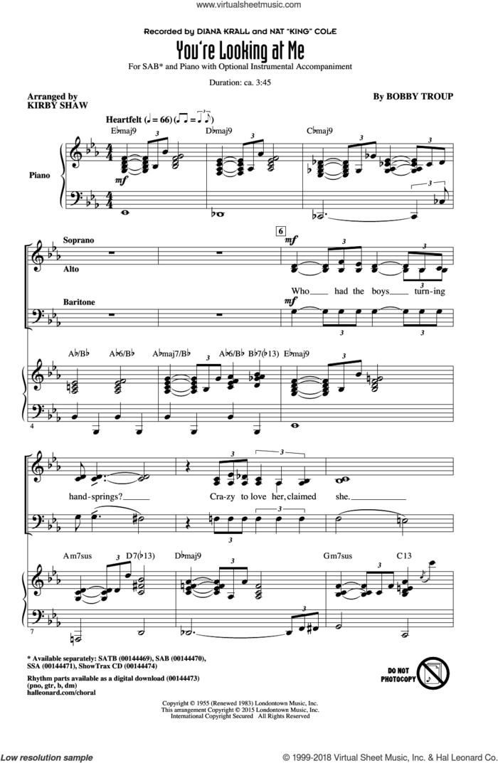 You're Looking At Me sheet music for choir (SAB: soprano, alto, bass) by Bobby Troup, Kirby Shaw, Diana Krall and Nat King Cole, intermediate skill level