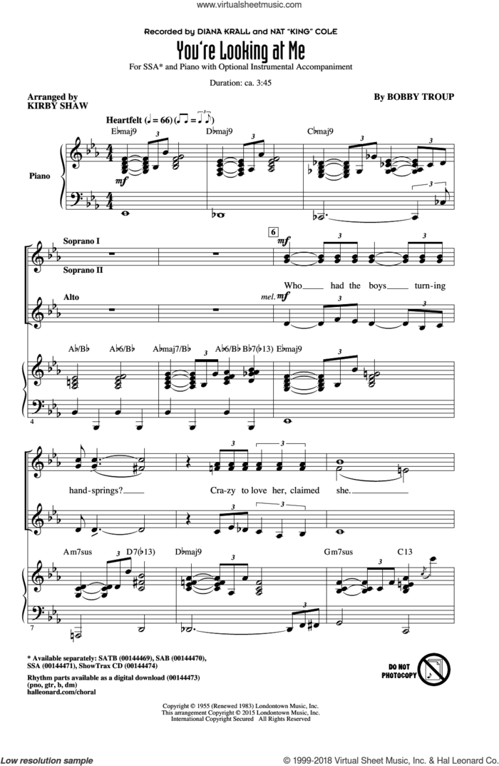 You're Looking At Me sheet music for choir (SSA: soprano, alto) by Bobby Troup, Kirby Shaw, Diana Krall and Nat King Cole, intermediate skill level