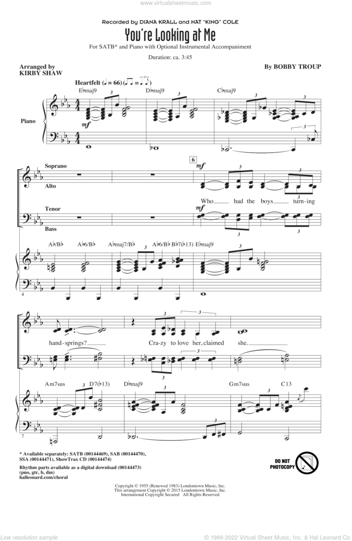 You're Looking At Me sheet music for choir (SATB: soprano, alto, tenor, bass) by Bobby Troup, Kirby Shaw, Diana Krall and Nat King Cole, intermediate skill level