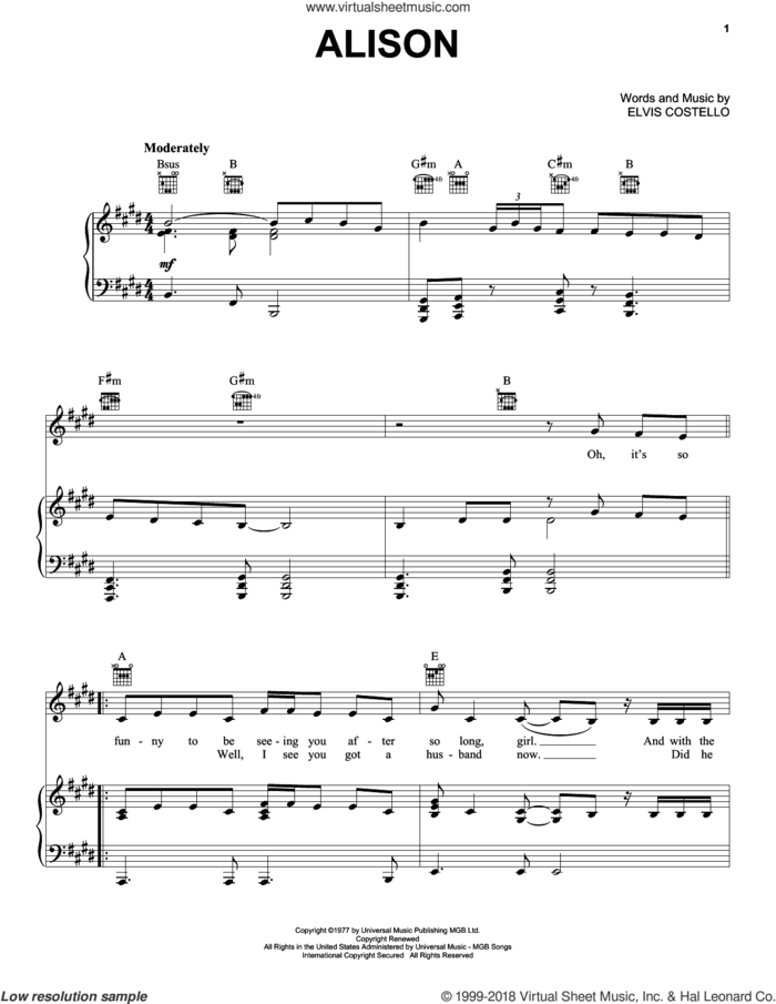 Alison sheet music for voice, piano or guitar by Elvis Costello, intermediate skill level