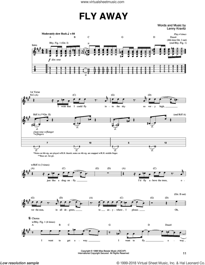 Fly Away sheet music for guitar (tablature) by Lenny Kravitz, intermediate skill level