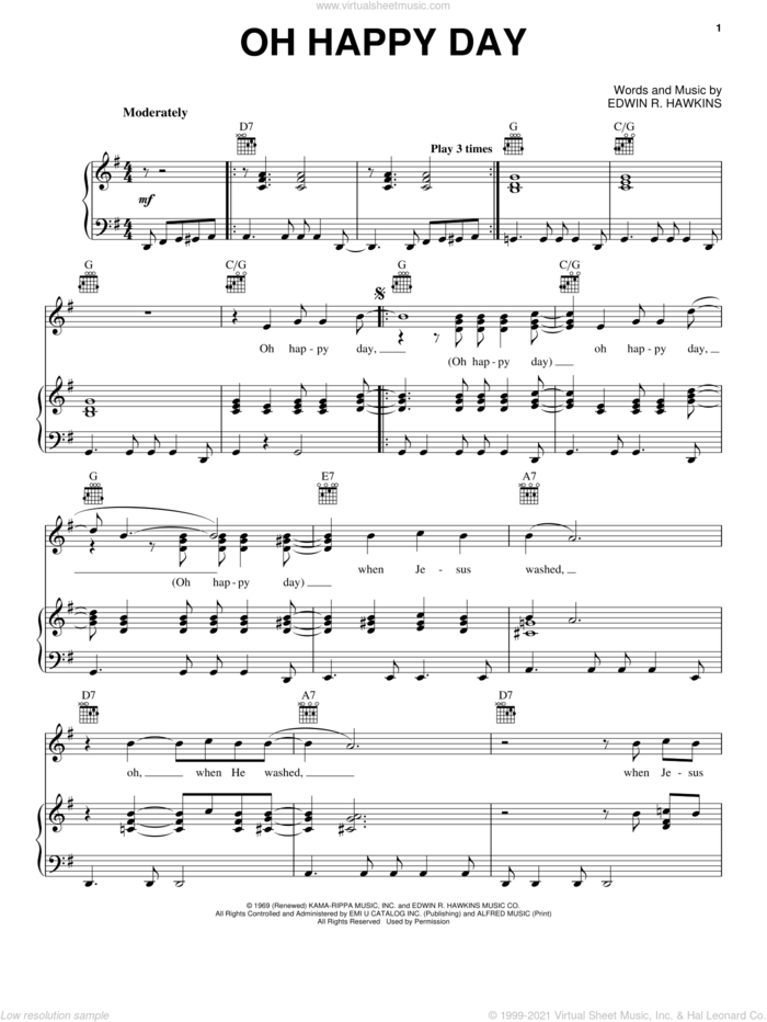 Oh Happy Day sheet music for voice, piano or guitar by The Edwin Hawkins Singers and Edwin R. Hawkins, intermediate skill level