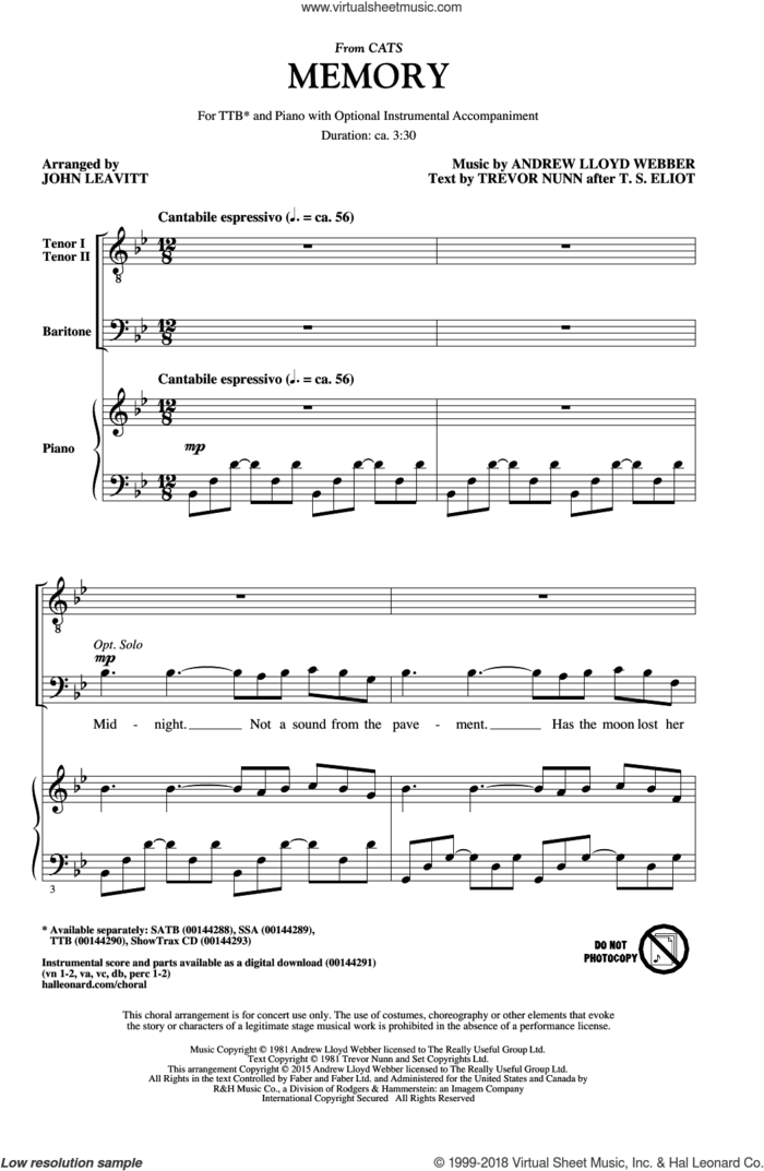 Memory (from Cats) (arr. John Leavitt) sheet music for choir (TTB: tenor, bass) by Andrew Lloyd Webber, John Leavitt, Barbra Streisand and Trevor Nunn, intermediate skill level