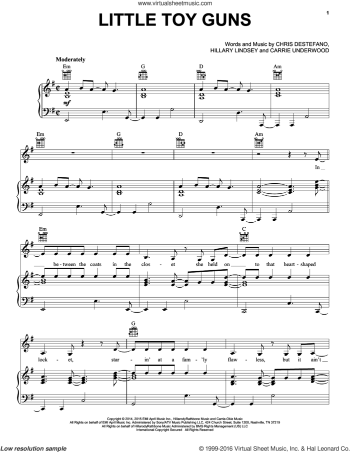Little Toy Guns sheet music for voice, piano or guitar by Carrie Underwood, Chris Destefano and Hillary Lindsey, intermediate skill level