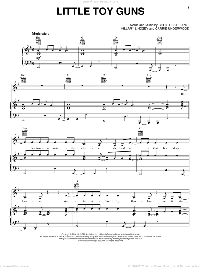 Little Toy Guns sheet music for voice, piano or guitar by Carrie Underwood, Chris Destefano and Hillary Lindsey, intermediate skill level