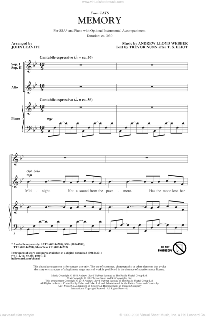 Memory (from Cats) (arr. John Leavitt) sheet music for choir (SSA: soprano, alto) by Andrew Lloyd Webber, John Leavitt, Barbra Streisand and Trevor Nunn, intermediate skill level