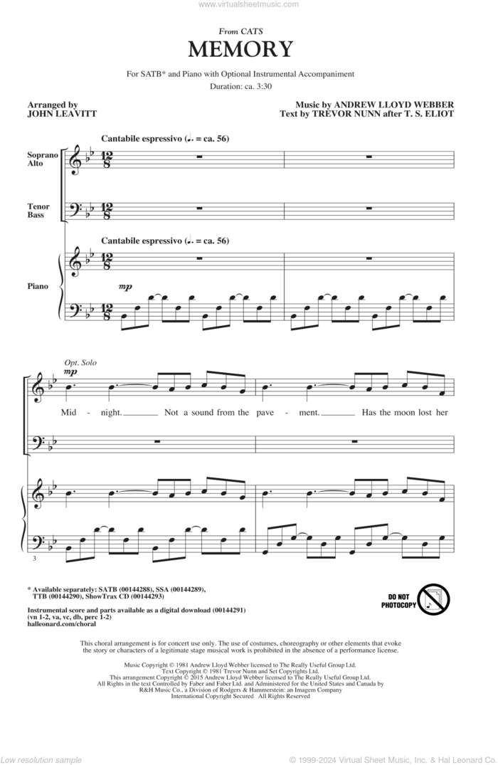Memory (from Cats) (arr. John Leavitt) sheet music for choir (SATB: soprano, alto, tenor, bass) by Andrew Lloyd Webber, John Leavitt, Barbra Streisand and Trevor Nunn, intermediate skill level
