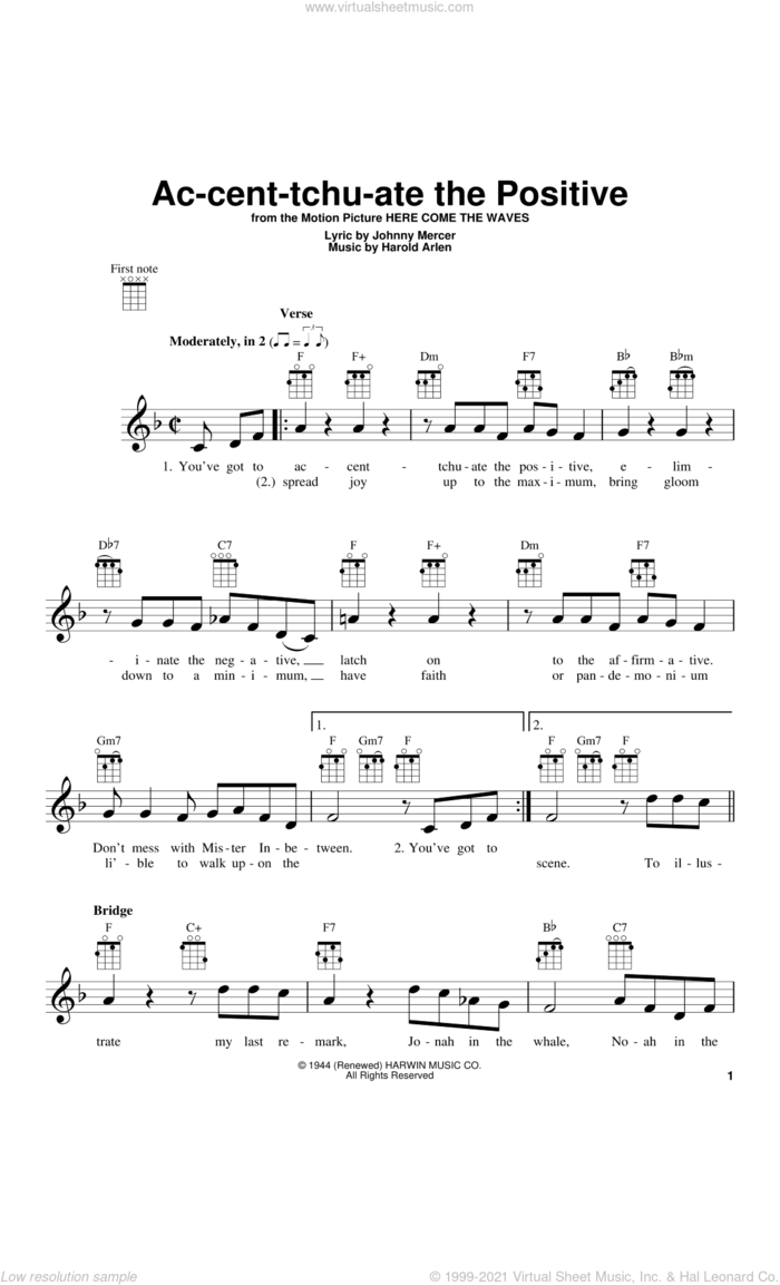 Ac-cent-tchu-ate The Positive sheet music for ukulele by Johnny Mercer and Harold Arlen, intermediate skill level