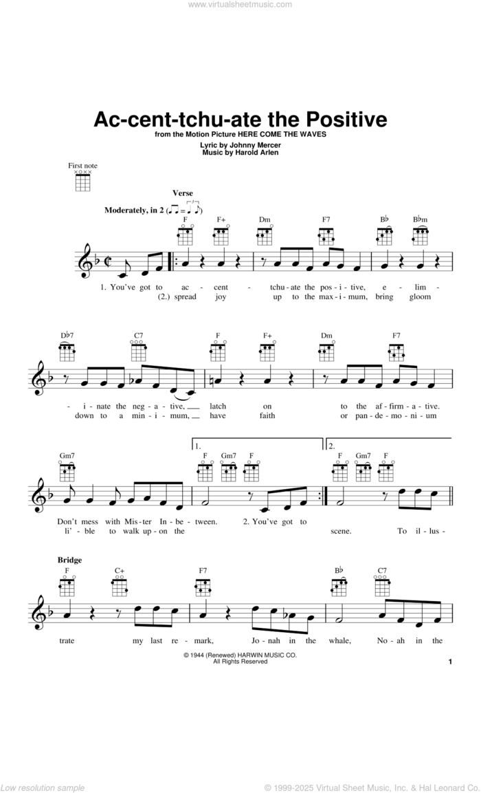 Ac-cent-tchu-ate The Positive sheet music for ukulele by Johnny Mercer and Harold Arlen, intermediate skill level