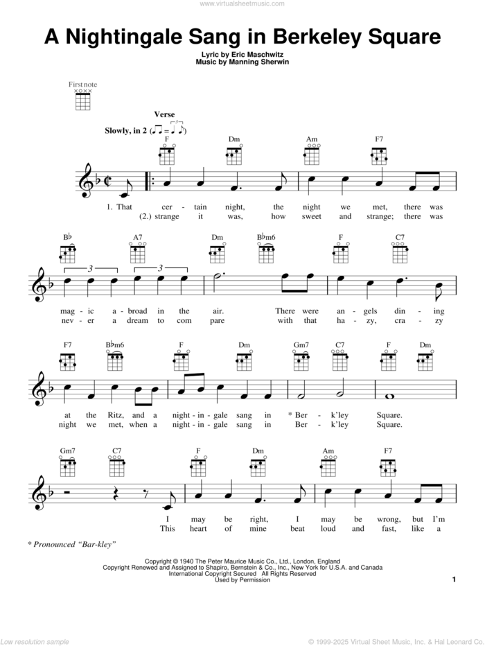 A Nightingale Sang In Berkeley Square sheet music for ukulele by Manhattan Transfer, Eric Maschwitz and Manning Sherwin, intermediate skill level