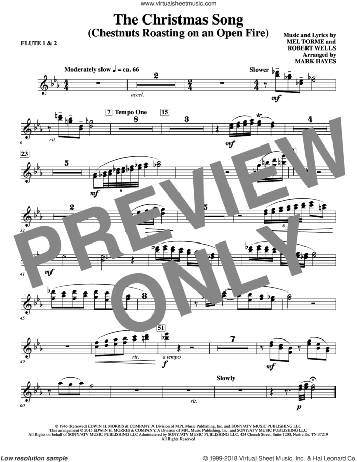 The Christmas Song (Chestnuts Roasting On An Open Fire) sheet music for orchestra/band (flute 1,2) by Mel Torme, Mark Hayes, Clay Crosse, King Cole Trio, Nat Cole with N. Riddle Orch., Mel Torme and Robert Wells, intermediate skill level