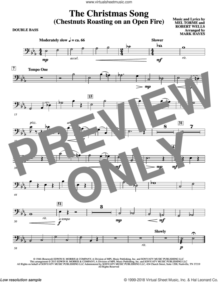 The Christmas Song (Chestnuts Roasting On An Open Fire) sheet music for orchestra/band (double bass) by Mel Torme, Mark Hayes, Clay Crosse, King Cole Trio, Nat Cole with N. Riddle Orch., Mel Torme and Robert Wells, intermediate skill level