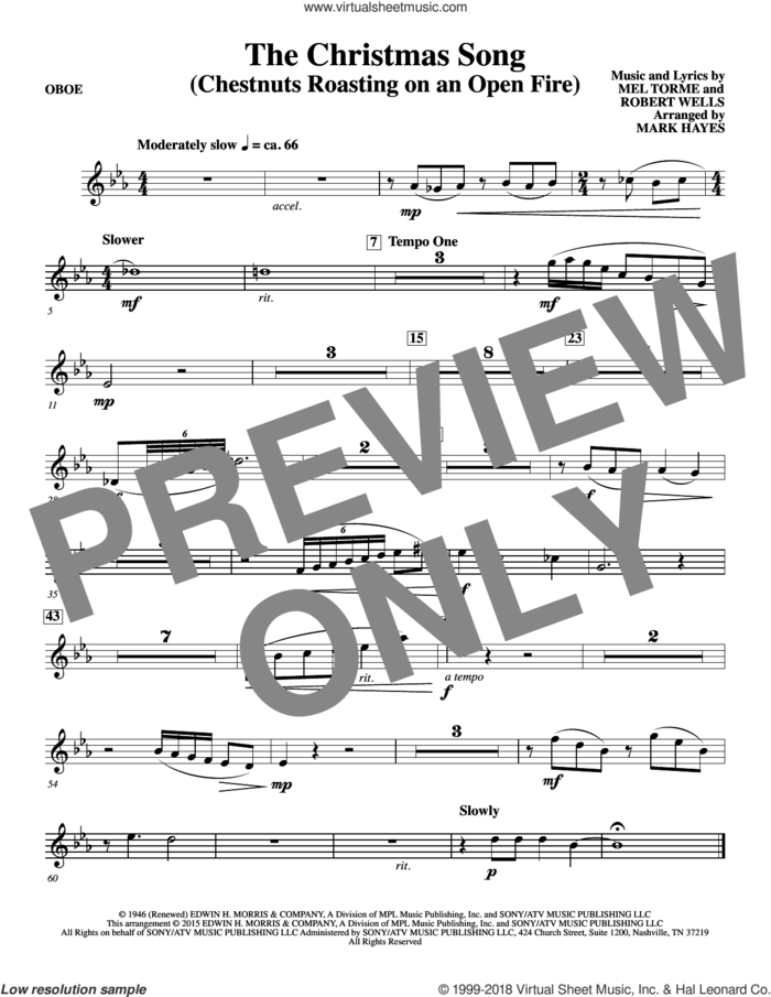 The Christmas Song (Chestnuts Roasting On An Open Fire) sheet music for orchestra/band (oboe) by Mel Torme, Mark Hayes, Clay Crosse, King Cole Trio, Nat Cole with N. Riddle Orch., Mel Torme and Robert Wells, intermediate skill level