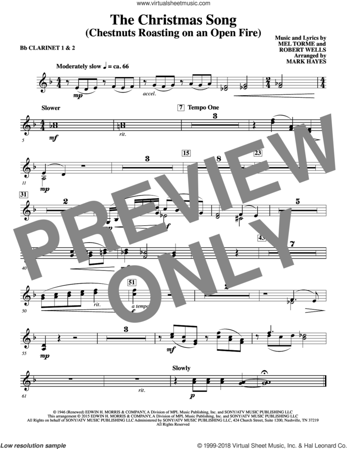 The Christmas Song (Chestnuts Roasting On An Open Fire) sheet music for orchestra/band (Bb clarinet 1,2) by Mel Torme, Mark Hayes, Clay Crosse, King Cole Trio, Nat Cole with N. Riddle Orch., Mel Torme and Robert Wells, intermediate skill level