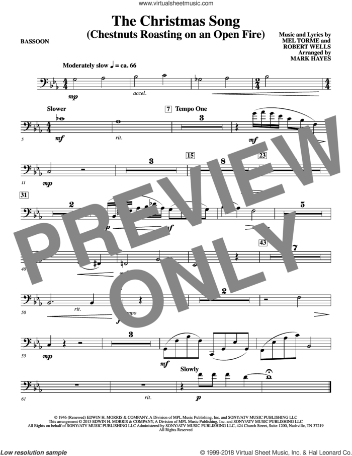 The Christmas Song (Chestnuts Roasting On An Open Fire) sheet music for orchestra/band (bassoon) by Mel Torme, Mark Hayes, Clay Crosse, King Cole Trio, Nat Cole with N. Riddle Orch., Mel Torme and Robert Wells, intermediate skill level