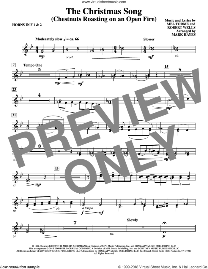 The Christmas Song (Chestnuts Roasting On An Open Fire) sheet music for orchestra/band (f horn 1,2) by Mel Torme, Mark Hayes, Clay Crosse, King Cole Trio, Nat Cole with N. Riddle Orch., Mel Torme and Robert Wells, intermediate skill level