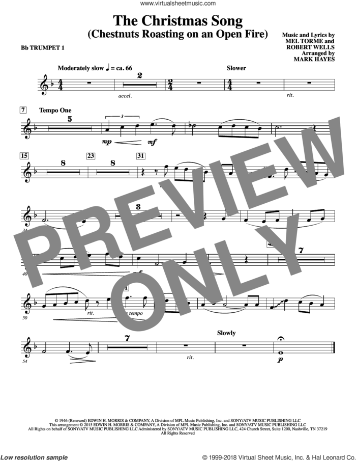 The Christmas Song (Chestnuts Roasting On An Open Fire) sheet music for orchestra/band (Bb trumpet 1) by Mel Torme, Mark Hayes, Clay Crosse, King Cole Trio, Nat Cole with N. Riddle Orch., Mel Torme and Robert Wells, intermediate skill level