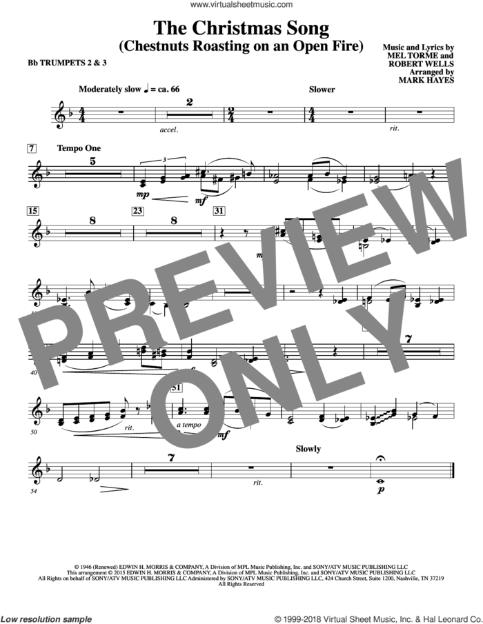 The Christmas Song (Chestnuts Roasting On An Open Fire) sheet music for orchestra/band (Bb trumpet 2,3) by Mel Torme, Mark Hayes, Clay Crosse, King Cole Trio, Nat Cole with N. Riddle Orch., Mel Torme and Robert Wells, intermediate skill level
