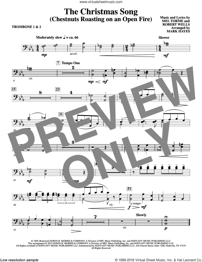 The Christmas Song (Chestnuts Roasting On An Open Fire) sheet music for orchestra/band (trombone 1,2) by Mel Torme, Mark Hayes, Clay Crosse, King Cole Trio, Nat Cole with N. Riddle Orch., Mel Torme and Robert Wells, intermediate skill level