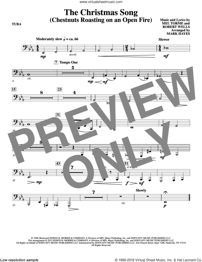 The Christmas Song (Chestnuts Roasting On An Open Fire) sheet music for orchestra/band (tuba) by Mel Torme, Mark Hayes, Clay Crosse, King Cole Trio, Nat Cole with N. Riddle Orch., Mel Torme and Robert Wells, intermediate skill level