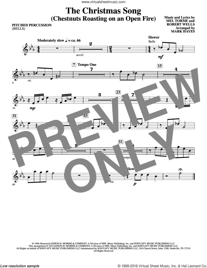 The Christmas Song (Chestnuts Roasting On An Open Fire) sheet music for orchestra/band (bells) by Mel Torme, Mark Hayes, Clay Crosse, King Cole Trio, Nat Cole with N. Riddle Orch., Mel Torme and Robert Wells, intermediate skill level
