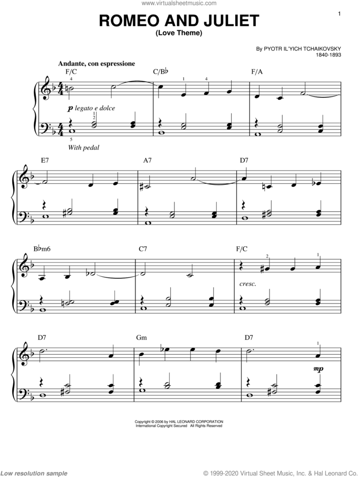 Romeo And Juliet (Love Theme), (easy) sheet music for piano solo by Pyotr Ilyich Tchaikovsky, classical score, easy skill level